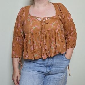 Urban Outfitters Burnt Orange Lace Up Floral Peplum Hem Puff Sleeve Blouse Small